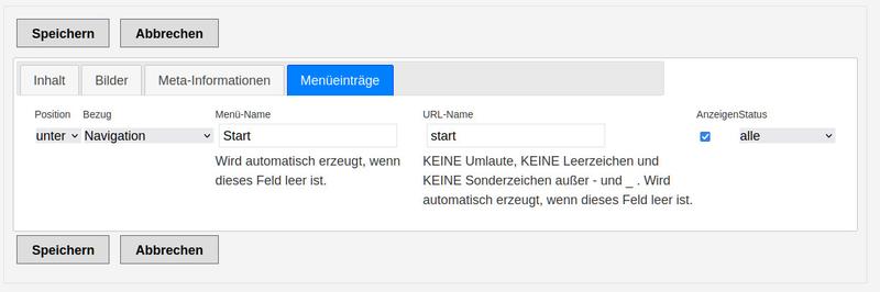 Menüeinträge Menüeinträge